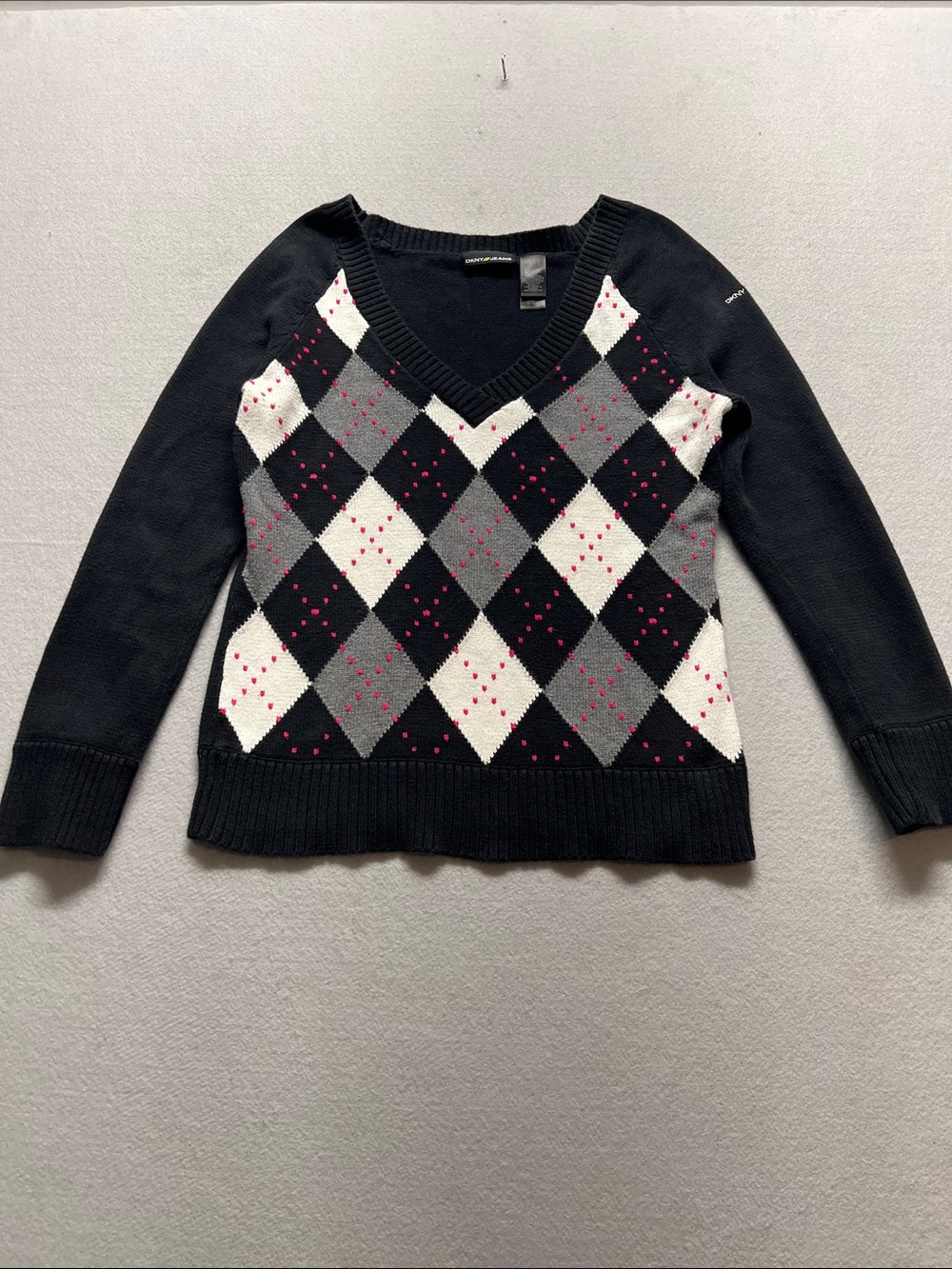 DKNY Black V-Neck Argyle Sweater with Gray, White & Pink Accents